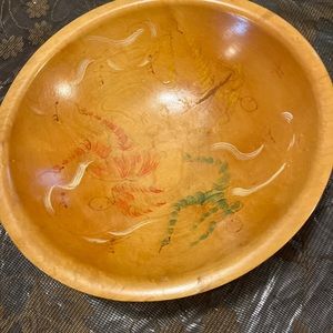 Vintage Beautiful Hand Painted Munising Wooden Bowl . Signed .